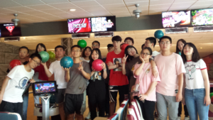 Group of students from Chongqing / China is standing in the Bowling Center